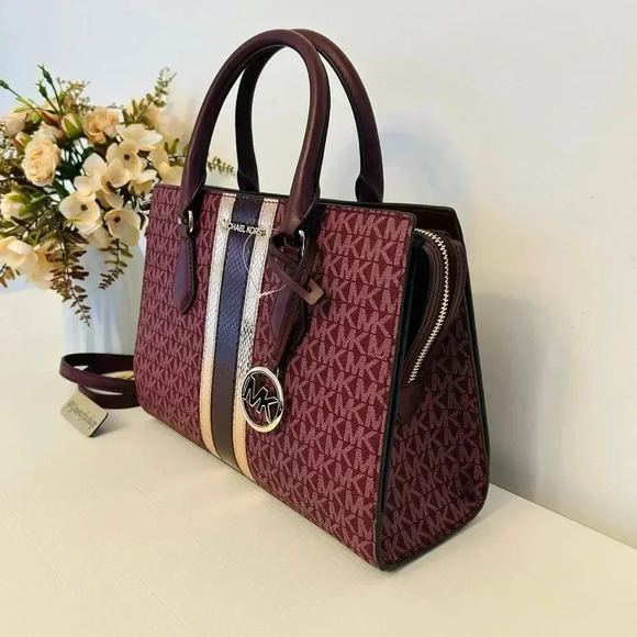 Michael Kors Purse Medium Sheila Signature Logo and Metallic Satchel Oxblood - Picture 2 of 8